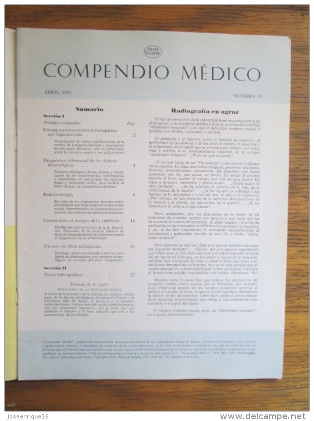 REVISTA COMPENDIO MEDICO SHARP & DOHME Nº 70 - 1954 - Health & Beauty