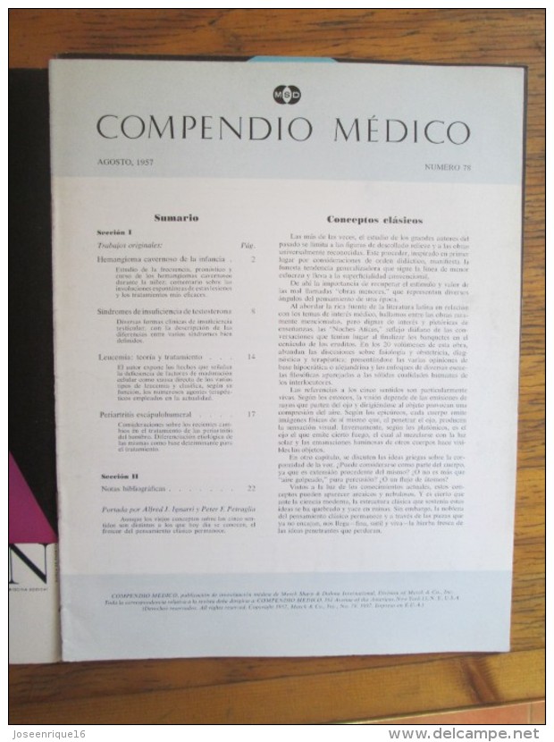 REVISTA COMPENDIO MEDICO SHARP & DOHME Nº 78 - 1957 - Santé Et Beauté