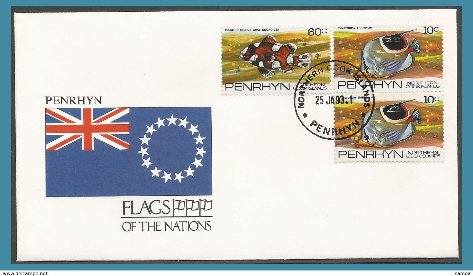 Pernhyn 1993 FDC Poissons Drapeau Oblitération Northern Cook Islands - Penrhyn