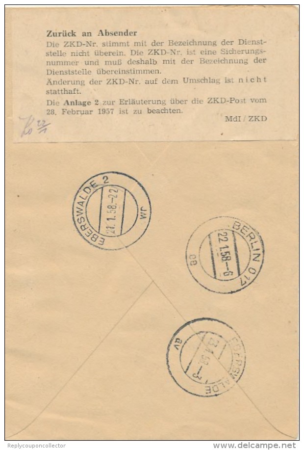 BERLIN  O  17 -  1958 , ZKD  Zentraler Kurierdienst  , Brief Der VEB Schiffswerft Oderberg - Rückseitig Aufkleber - Other & Unclassified