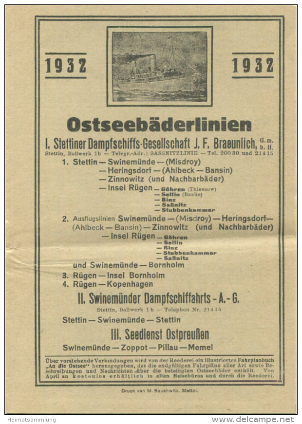 Fahrplan Der Ostseebäderlinien 1932 - Stettiner- Und Swinemünder Dampschiffahrts Gesellschaft AG - Seedienst Ostpreußen - Europa