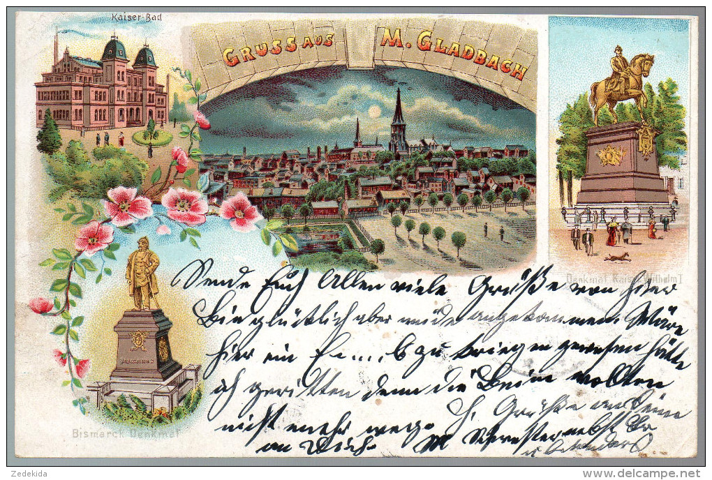 2968 - Alte Litho Ansichtskarte - Gruss Aus Mönchengladbach München Gladbach - Gel 1902 Denkmal Bismarck Kaiser Wilhelml - Mönchengladbach