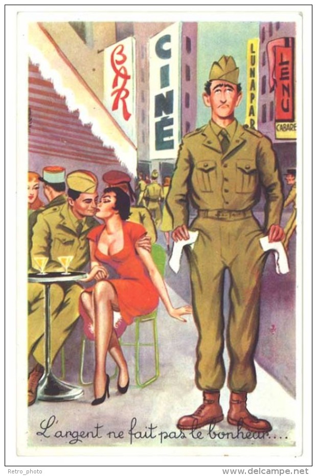 Cpsm Signée Carrière - Soldats, Pin-up, Bar, Ciné, Bistrot - Carrière, Louis