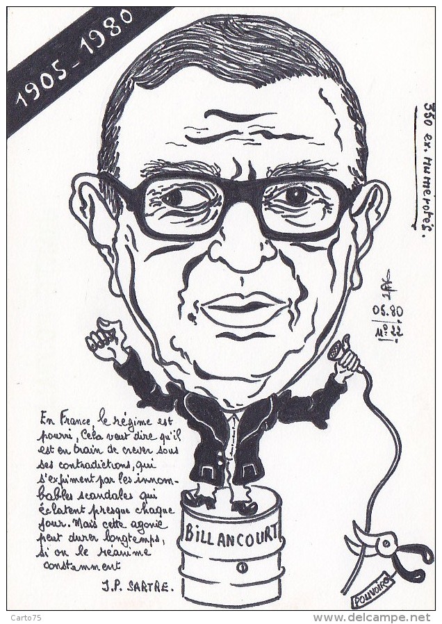 Illustrateurs - Lardie - Caricature  Ecrivain Jean-Paul Sartre - Dessin Original - Exemplaire Numéroté Tirage Limité - Lardie