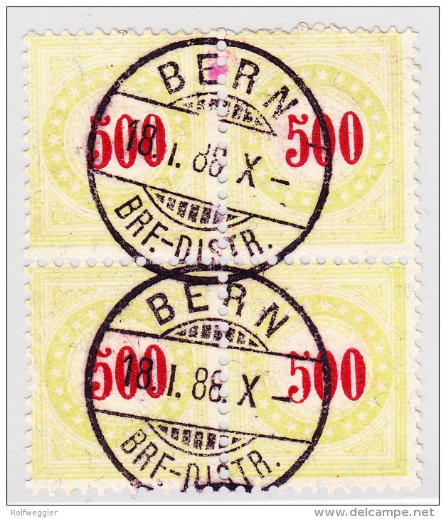 Schweiz Porto 500Rp 1887/88 #P22B  K Gestempelt Im 4-er Block Bern 18.1.1888 Fahlgrün - Portomarken