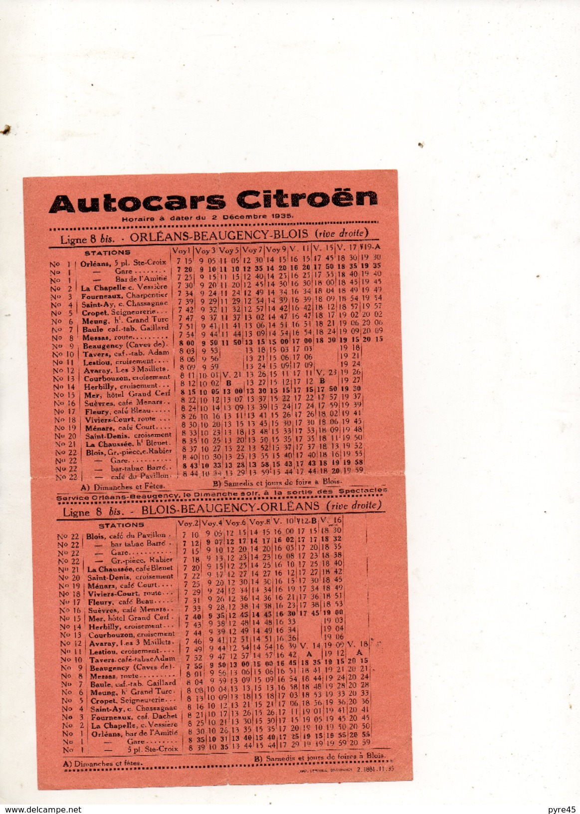 HORAIRE DES AUTOCARS CITROEN ORLEANS BLOIS DU 2 DECEMBRE 1935 - Transports