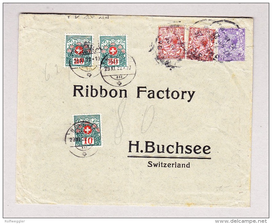 Schweiz Porto 10, 20 Und 30Rp 29.11.1922 H'Buchsee Auf 80Rp Taxierter Brief Aus England - Postage Due