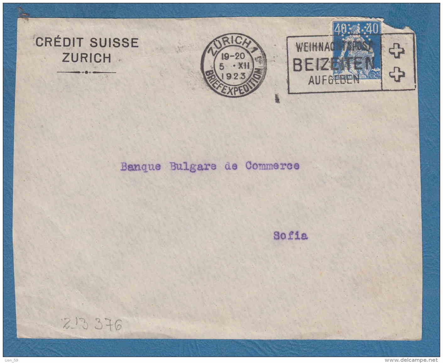 213376 / 1923 - 40 C. - CREDIT SUISSE ZURICH - Perfin Perfores Perforiert Gezähnt Perforati Switzerland Suisse Schweiz - Gezähnt (perforiert)