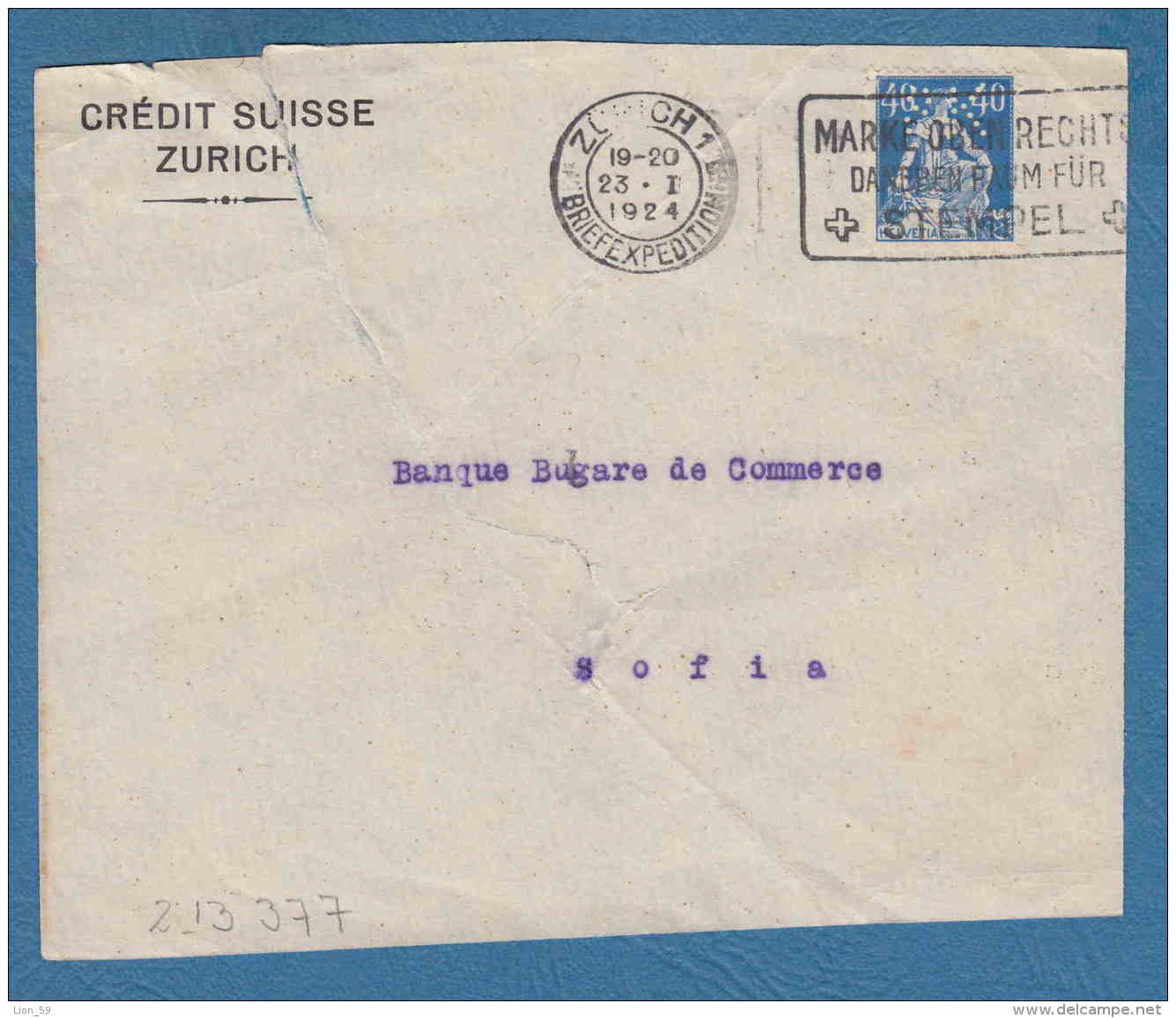 213377 / 1924 - 40 C. - CREDIT SUISSE ZURICH - Perfin Perfores Perforiert Gezähnt Perforati Switzerland Suisse Schweiz - Perforés