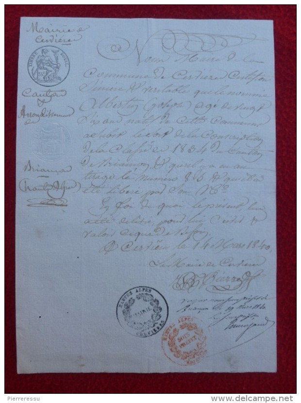 MANUSCRIT CERVIERES TIRAGE AU SORT ALBERTIN JOSEPH CACHET 1840 - Historical Documents