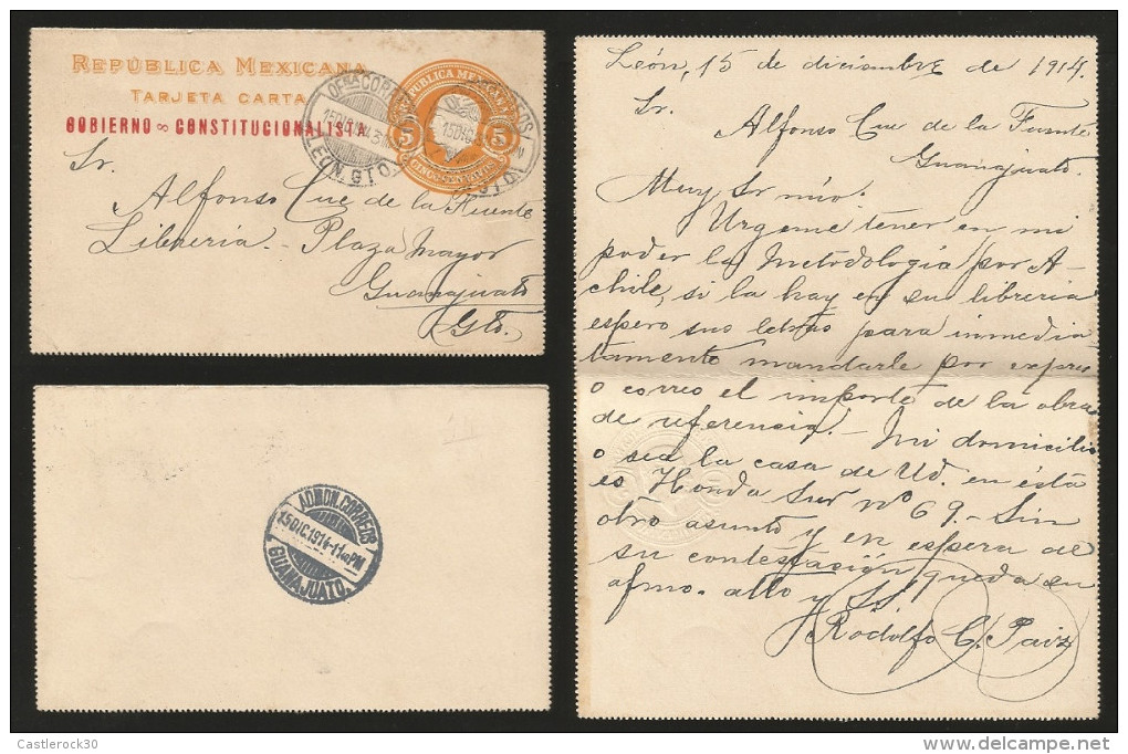 G)1914 MEXICO, EMBOSSED 5 CTS. HIDALGO BUST POSTAL STATIONARY  LETTER CARD, GOBIERNO CONSTITUCIONALISTA RED STRIKE, LEON - Mexico