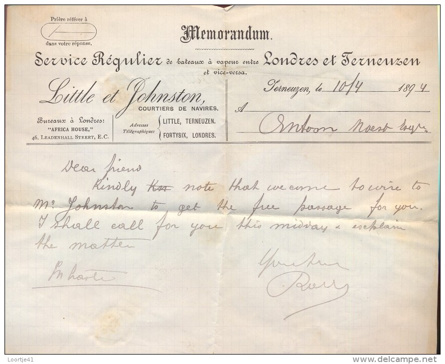 Brief Memorandum Little & Johnston - Londres & Terneuzen - Scheepvaart 1894 - Autres & Non Classés