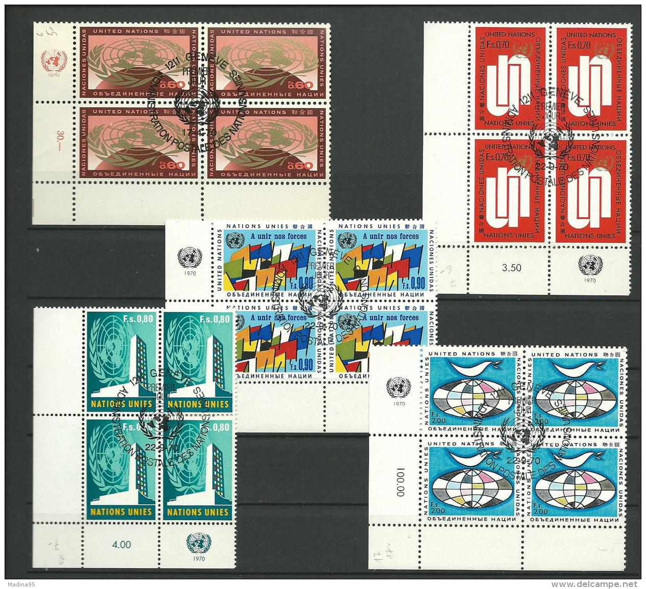 NATIONS-UNIES GENEVE: Obl., N°6 Et 7 + 9 Et 10 Et 12 X 4, Blocs Obl. PJ, TB - Used Stamps