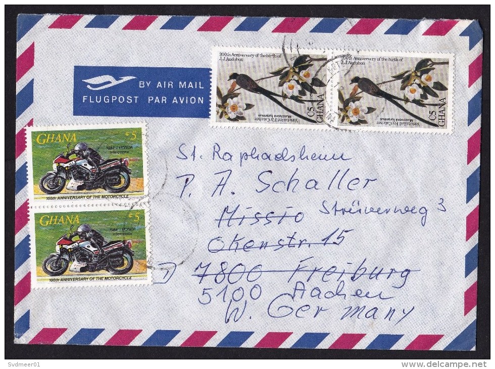 Ghana: Airmail Cover To Germany, 6 Stamps, Honda Motorcycle, Bird Painting, Forwarded, Rare Real Use! (traces Of Use) - Ghana (1957-...)