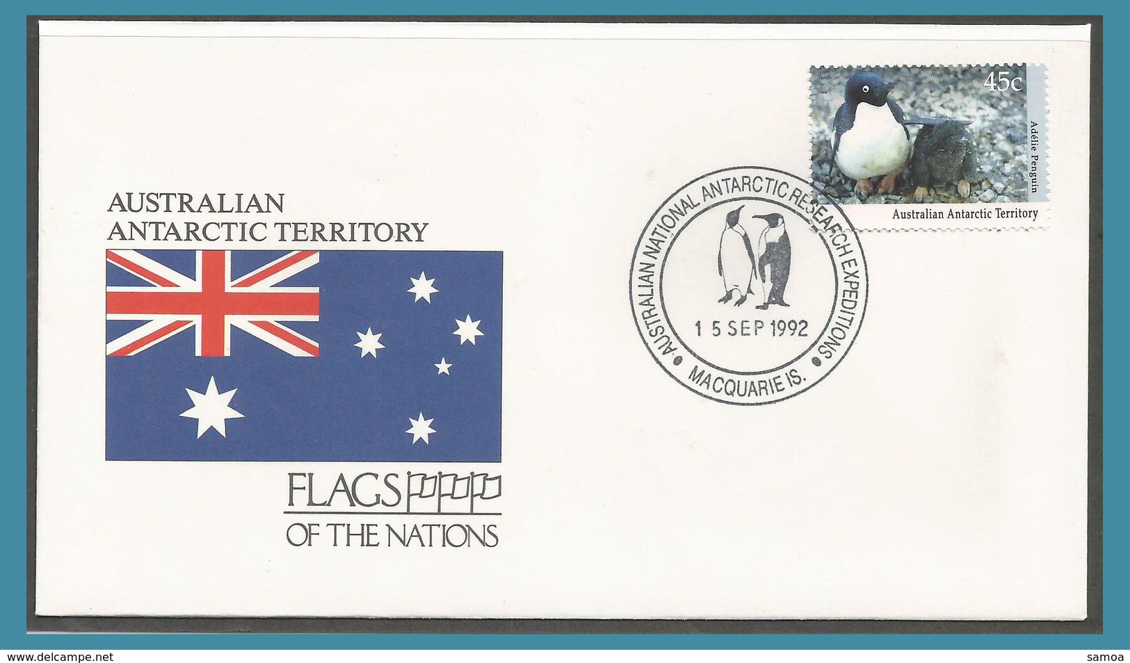 Australie Territoire Antarctique 1992 90 FDC Faune Manchot Adélie Drapeau Oblitération Macquarie Is. - FDC