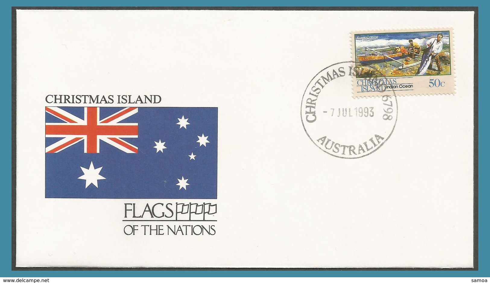 Christmas 1990 312 FDC Pirogue à Balancier Bateau Kolek Canoe Indian Ocean Drapeau Oblitération  1993 Christmas Island - Christmas Island