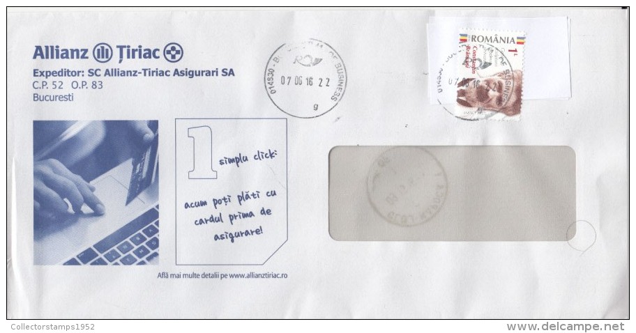 4277FM- CONSTANTIN BRANCUSI, SCULPTOR, STAMPS ON COVER, INSURANCE COMPANY ADVERTISING, 2016, ROMANIA - Covers & Documents