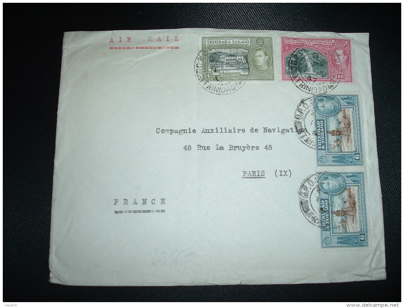 LETTRE PAR AVION Pour La FRANCE TP 60c + TP 34c + TP 6c PAIRE OBL.11 JU 47 - Trinidad Y Tobago