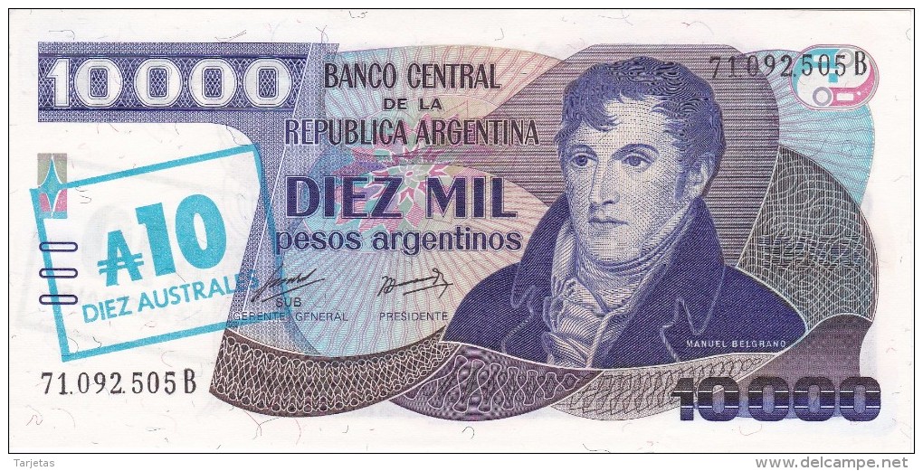 BILLETE DE ARGENTINA DE 10000 PESOS = 10 AUSTRALES DEL AÑO 1985  (BANKNOTE) SIN CIRCULAR-UNCIRCULATED - Argentina
