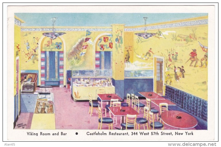 New York City NY, Castleholm Restaurant Viking Room And Bar 344 West 57th St. C1940s Vintage Postcard - Bars, Hotels & Restaurants