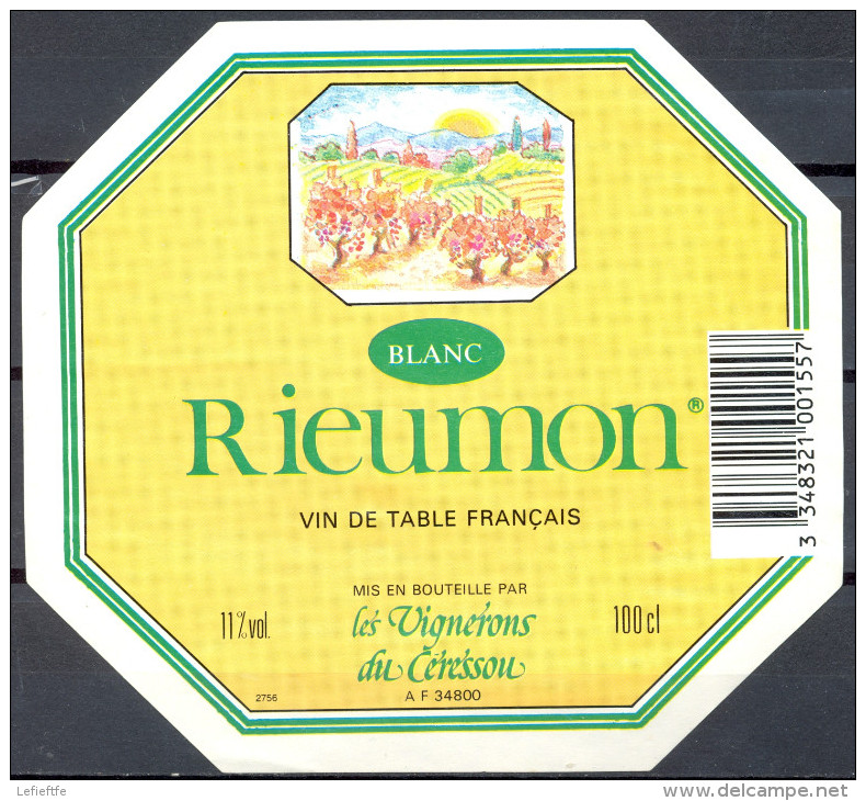 187 - Vin De Table Blanc - Rieumon - Les Vignerons Du Ceressou 34800 Aspiran - Vino Bianco