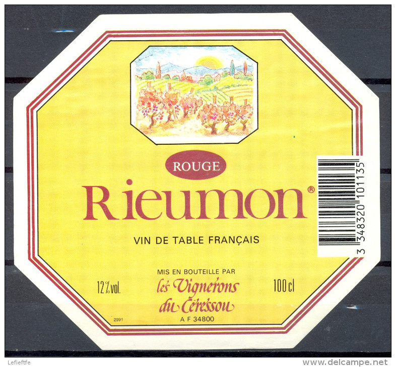 186 - Vin De Table Rouge - Rieumon - Les Vignerons Du Ceressou 34800 Aspiran - Vino Tinto