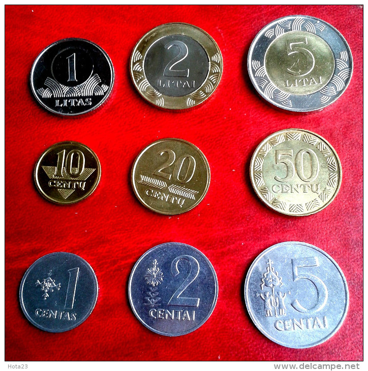 Lithuania 5,2,1 Litai, 50,20,10 Centu, 5,2,1 Centai, 9 COINS FULL SET ALL UNC  -1991 ,2008, 2013 - Lituania