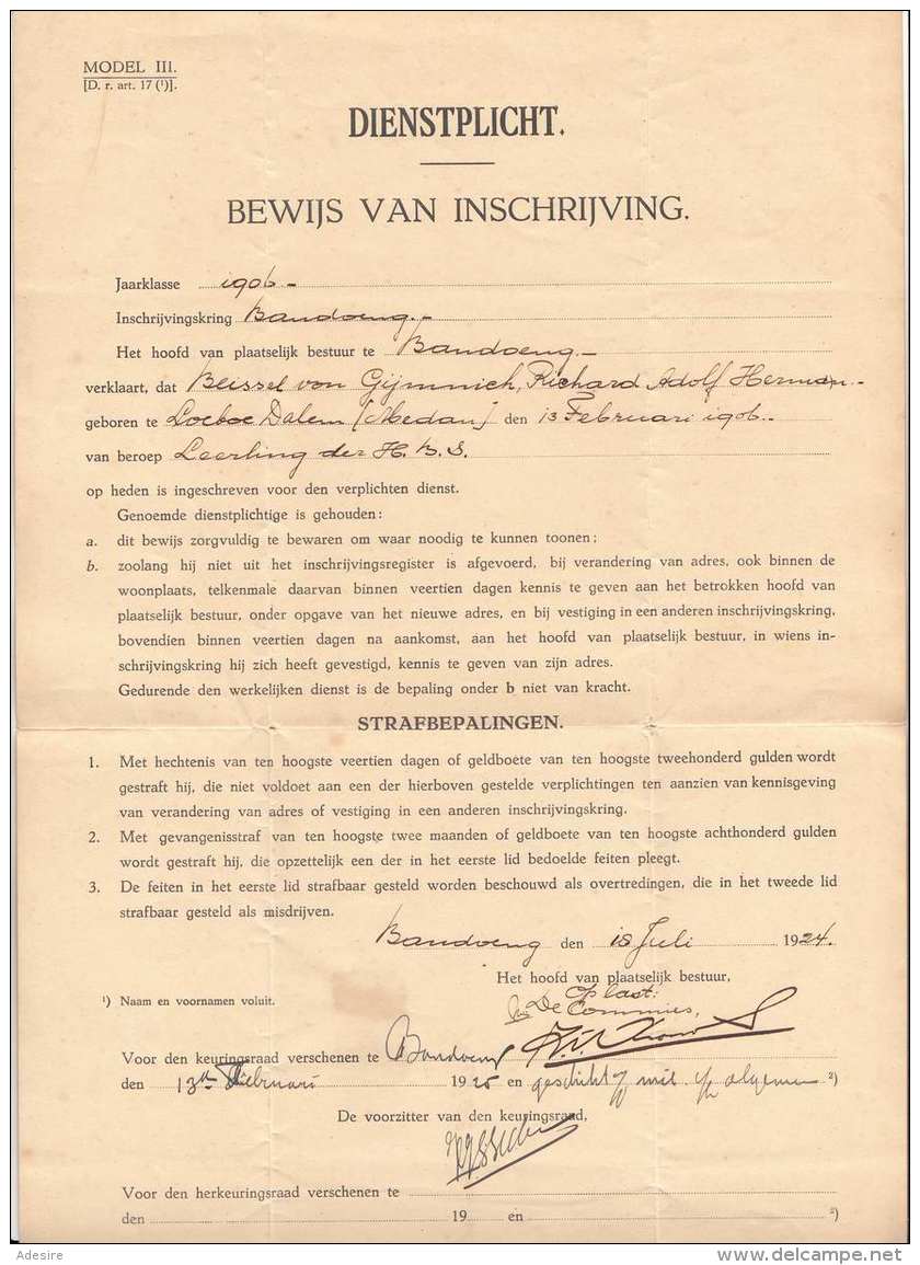 INDONESIEN, BANDOENG 1924 (niederländisch Indien) - Dokument "Dienstpflicht" Als Reco Faltbrief Gel.1924 Stempel BANDOEN - Indonesien