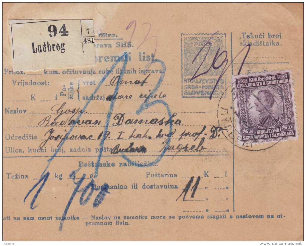 JUGOSLAWIEN 1924 - 10 Para Ganzsache + 8 D + 3 X ? D Mit Überdruck Auf Paketkarte Gel.von Ludbreg Nach Zagreb - Briefe U. Dokumente