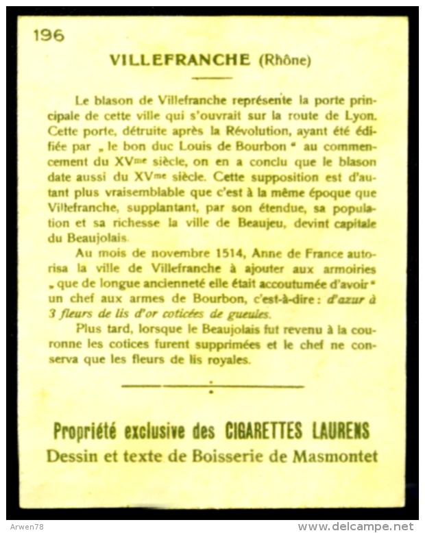 Cigarettes Laurens Blason Des Villes De France Historique Des Armoiries Villefranche 2 Scans - Autres & Non Classés