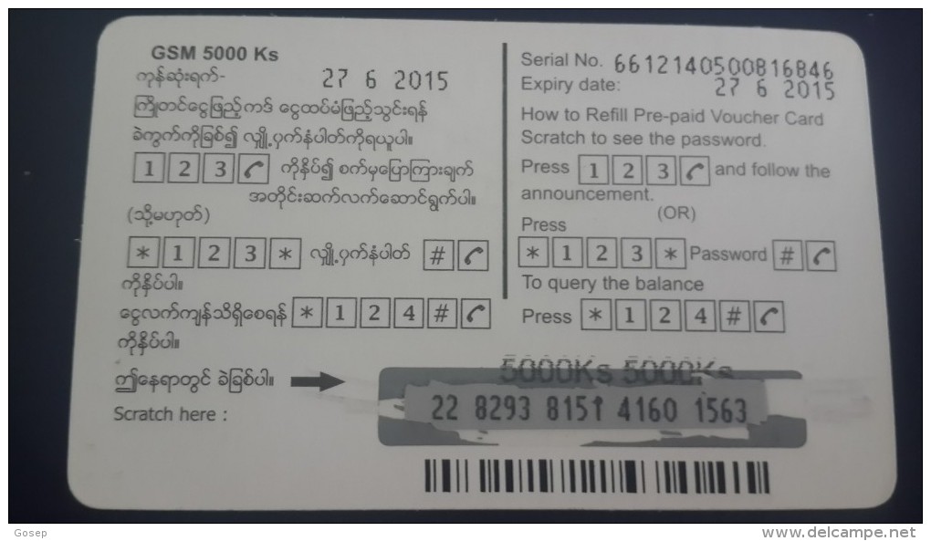 Myanmar-authorized Distributor-g.s.m Prepiad-(20)-(6612140500816846)-(5.000ks)-used Card+1card Prepiad Free - Myanmar (Burma)