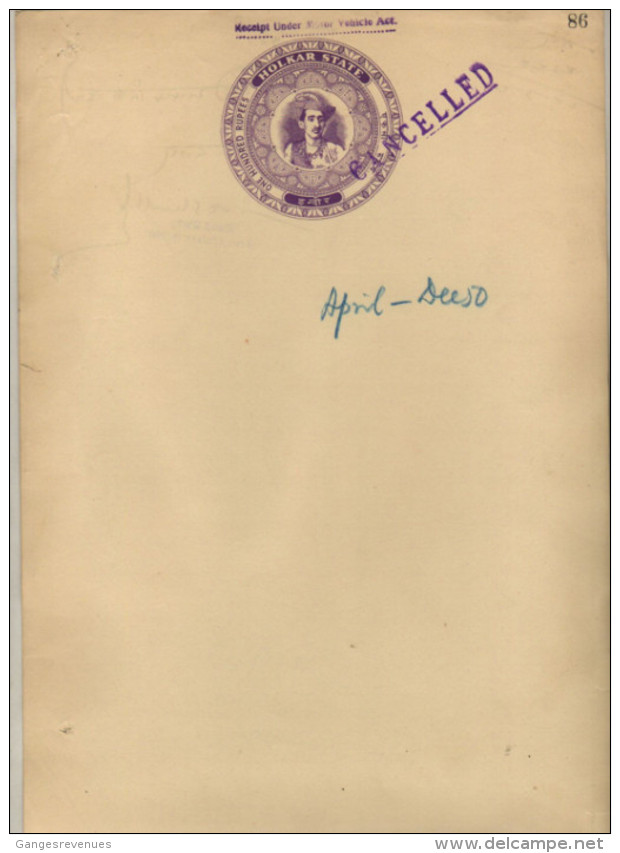 HOLKAR / INDORE State  1000 Rs Stamp Paper Type 30 # 91892  Inde Indien India Fiscal Revenue - Holkar