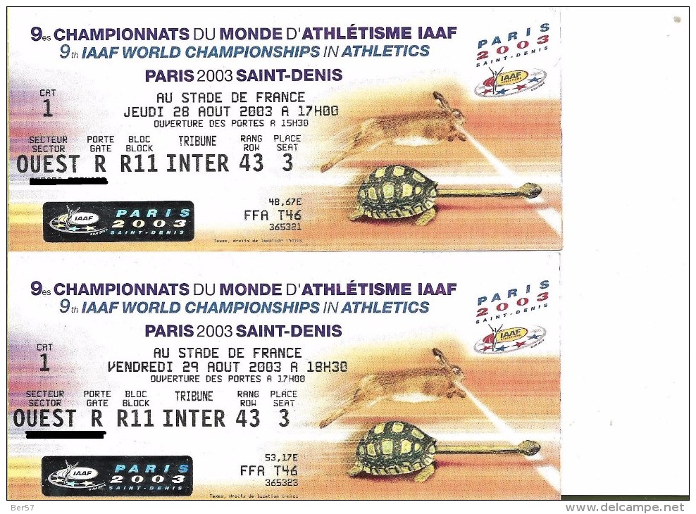 Championnats Du Monde Athlétisme Paris 2003 - Tickets D'entrée