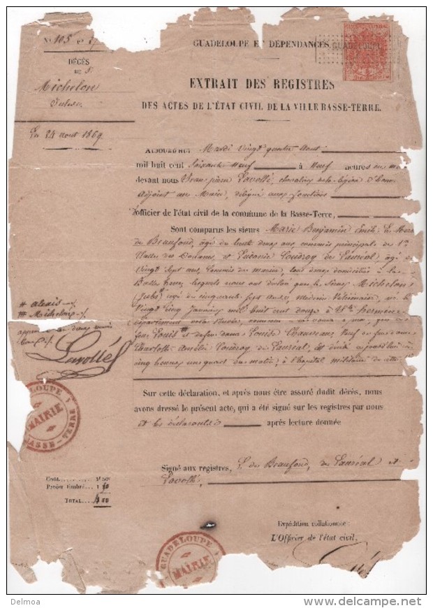 GUADELOUPE Timbre Fiscal Cachet 2 Sur Un Acte De Décès 1869 état De L'acte Très Moyen - Autres & Non Classés