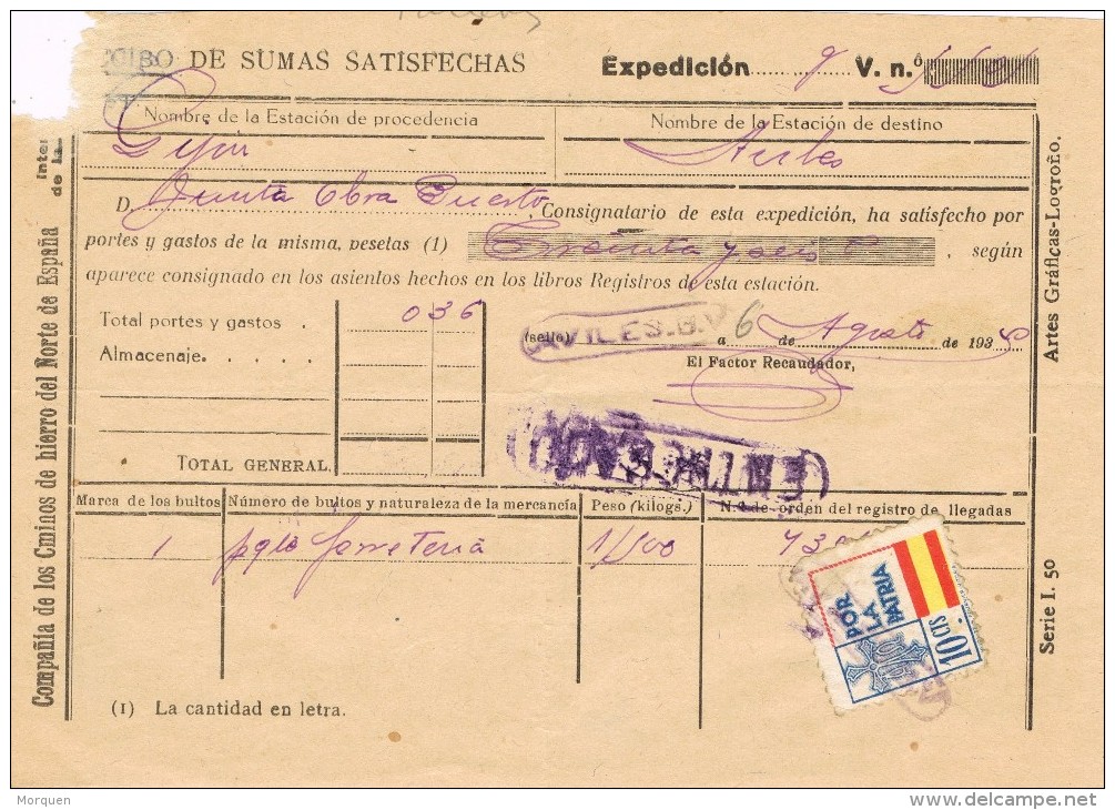 18464. Resguardo Mercancias, AVILES (Asturias) 1940. Guerra Civil Viñeta. LINEAL Ferrocarril - Télégraphe