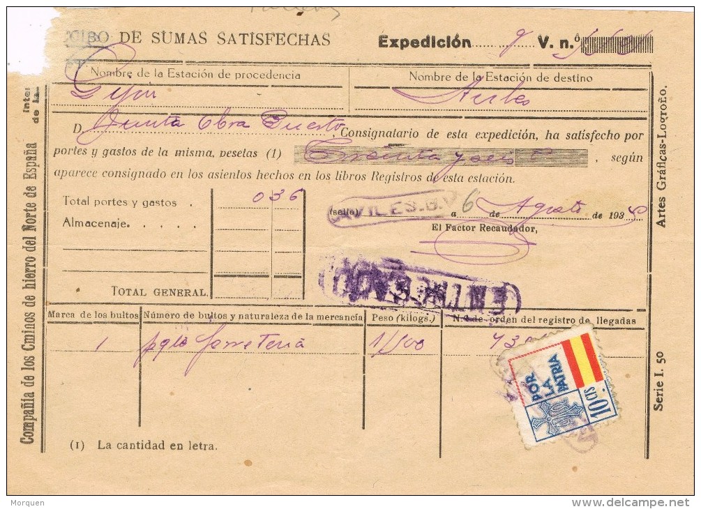 18464. Resguardo Mercancias, AVILES (Asturias) 1940. Guerra Civil Viñeta. LINEAL Ferrocarril - Telegramas