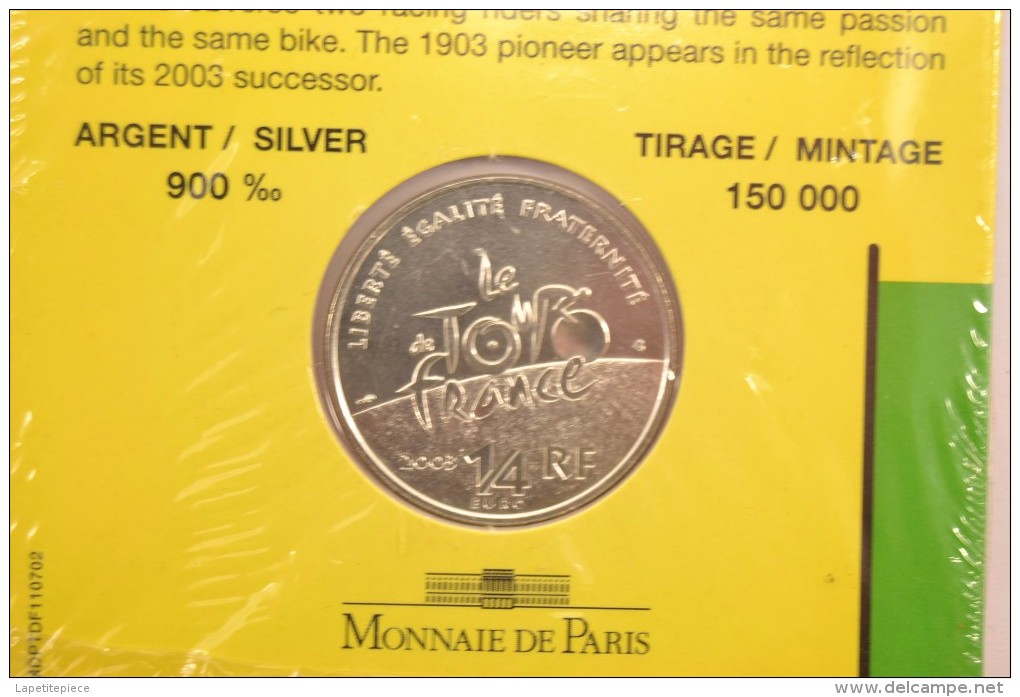 Centenaire Du Tour De France, Monnaie De Paris 1903 2003 Argent 1/4 Euros, Sous Coincard Blister - 2003