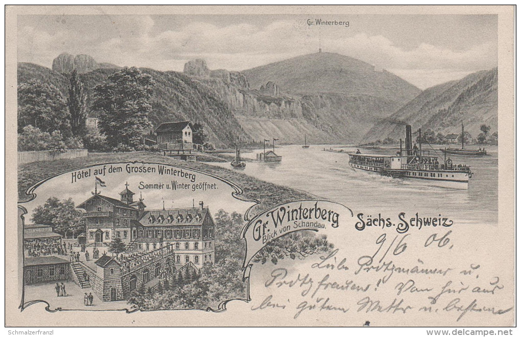 Litho AK Sächsische Schweiz Bad Schandau Hotel Grosser Winterberg Dampfer Bei Rathmannsdorf Prossen Krippen Postelwitz - Schmilka