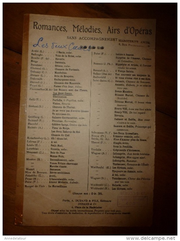 1925  Chanson-poésie      LES DEUX COEURS       écrite Par Hippolite Lucas - Partitions Musicales Anciennes