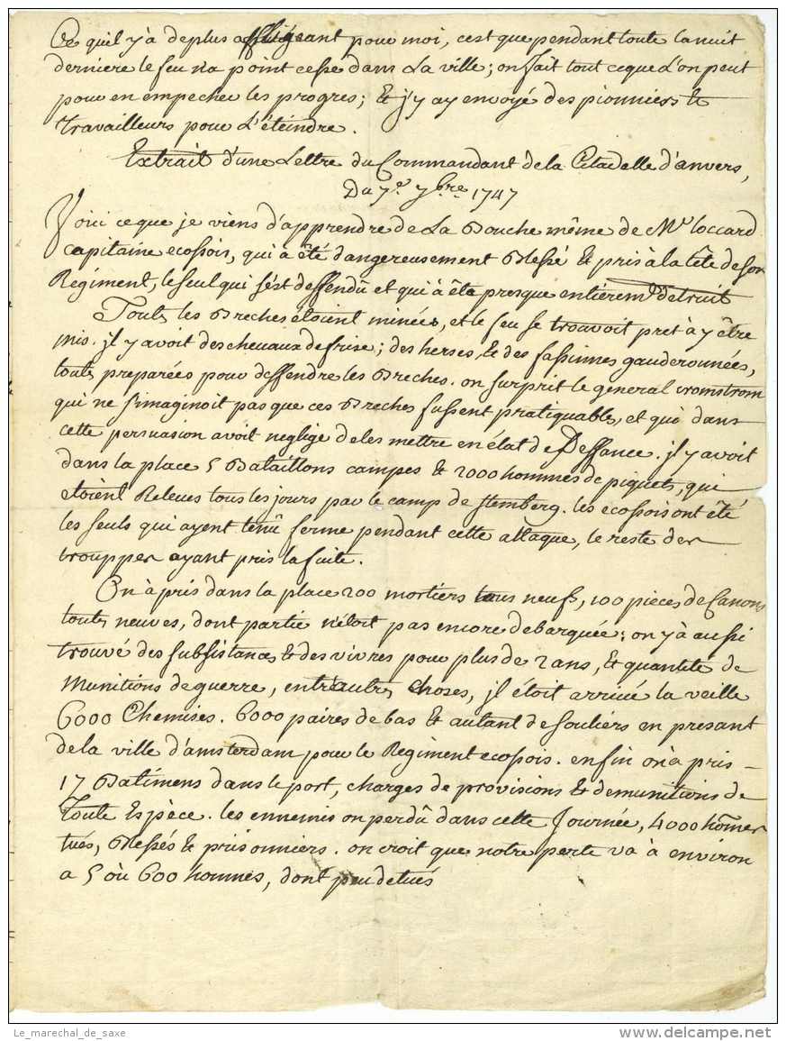 SIEGE DE BERGEN-OP-ZOOM 1747 &ndash; GUERRE DE LA SUCCESSION D&rsquo;AUTRICHE &ndash; C. De LOEWENDAL Au Marechal De SAX - Documents Historiques