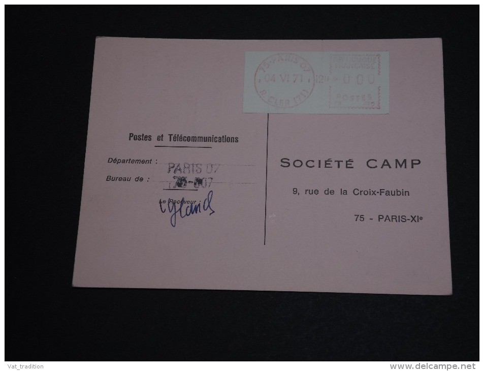 FRANCE - Étiquette D 'essai De Machine Sur Carte D 'entretien Du Bureau De Paris 75 007 En 1971 - A Voir - L 200 - Covers & Documents