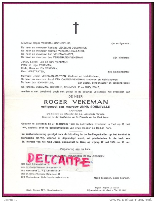 Devotie Doodsbrief - Apotheker Roger Vekeman - Zottegem 1898 - Tielt 1974 - Décès