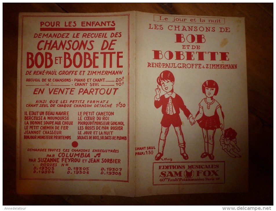 1930   CHANSON DE BOB ET DE BOBETTE ---->LE JOUR ET LA NUIT Couverture Illustrée Par R. Erny, édition Sam Et Fox - Partitions Musicales Anciennes