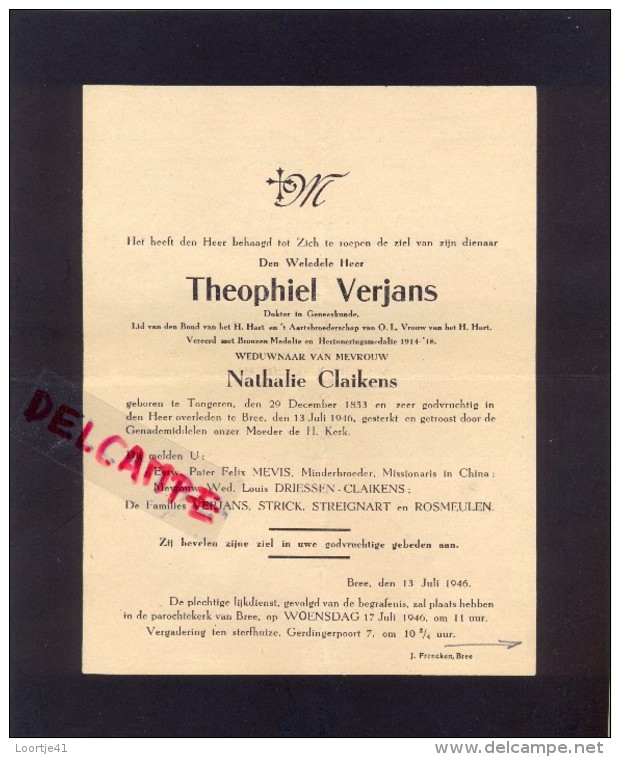 Devotie Doodsbrief - Dokter Theophiel Verjans - Tongeren 1853 - Bree 1946 - Décès