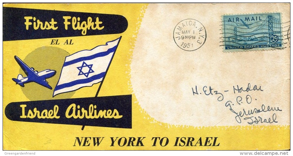 10422 U.s.a. To Israel, First Flight EL AL Israel Airlines, New York To Israel Jerusalem, 1951 - Posta Aerea