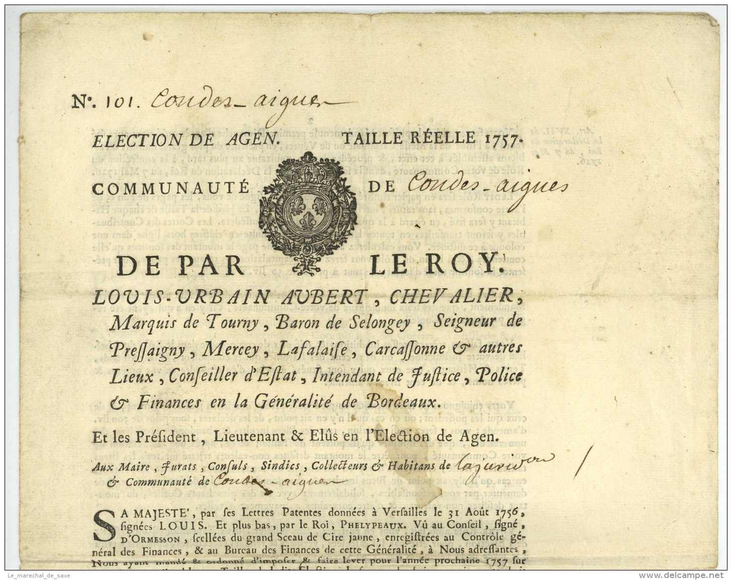 ELECTION DE AGEN &ndash; TAILLE REELLE 1757 - GENERALITE DE BORDEAUX &ndash; AUBERT, Louis Urbain, Chevalier, MARQUIS DE - Documents Historiques