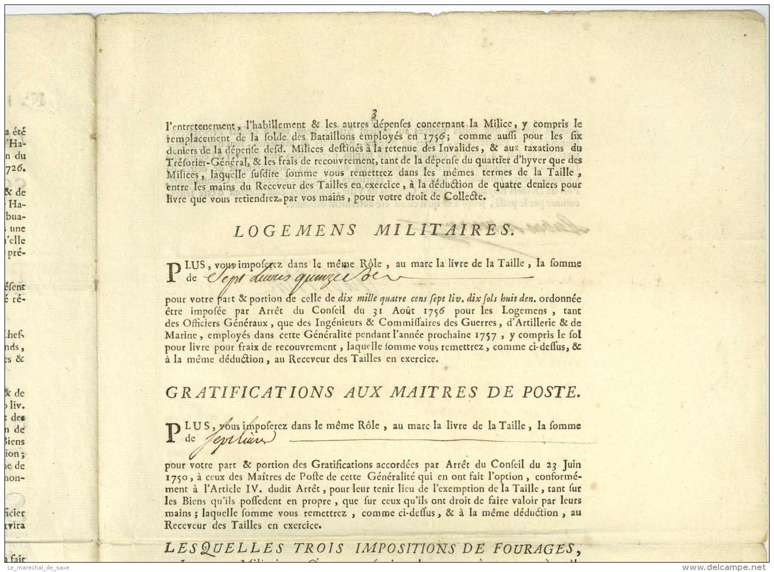 ELECTION DE AGEN &ndash; TAILLE REELLE 1757 - GENERALITE DE BORDEAUX &ndash; AUBERT, Louis Urbain, Chevalier, MARQUIS DE - Documents Historiques