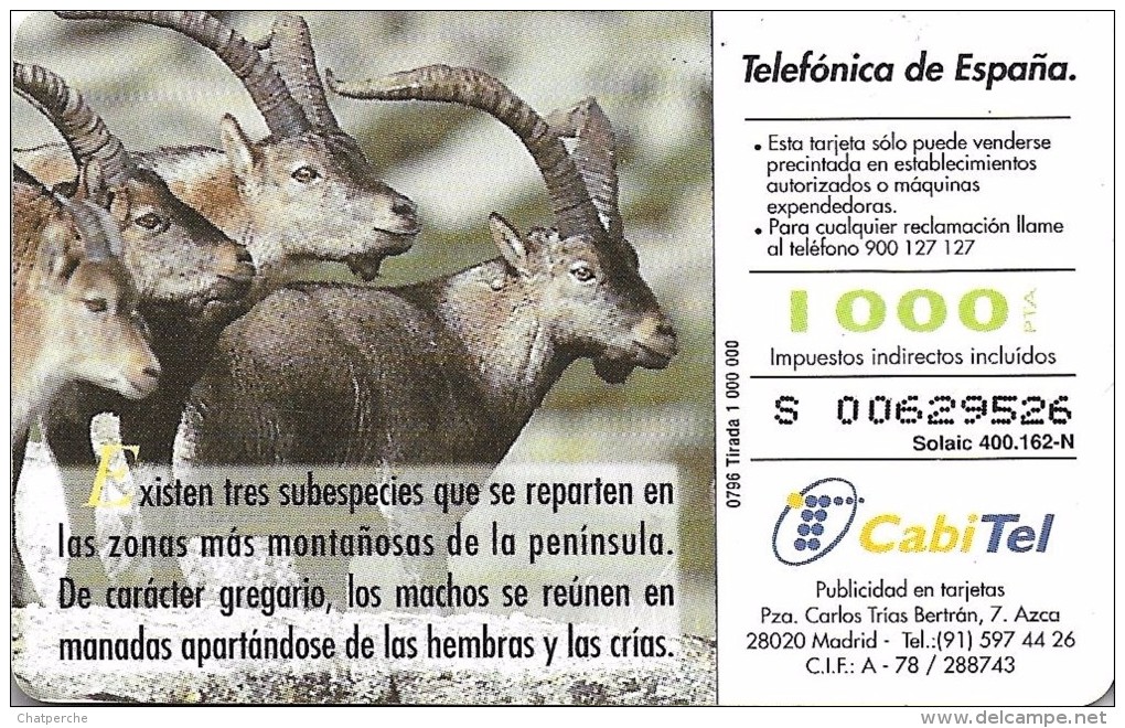 TELECARTE ESPAGNE FAUNA IBERICA CABRAS MONTES 07/96 TIRAGE 1.000.000 - Collections
