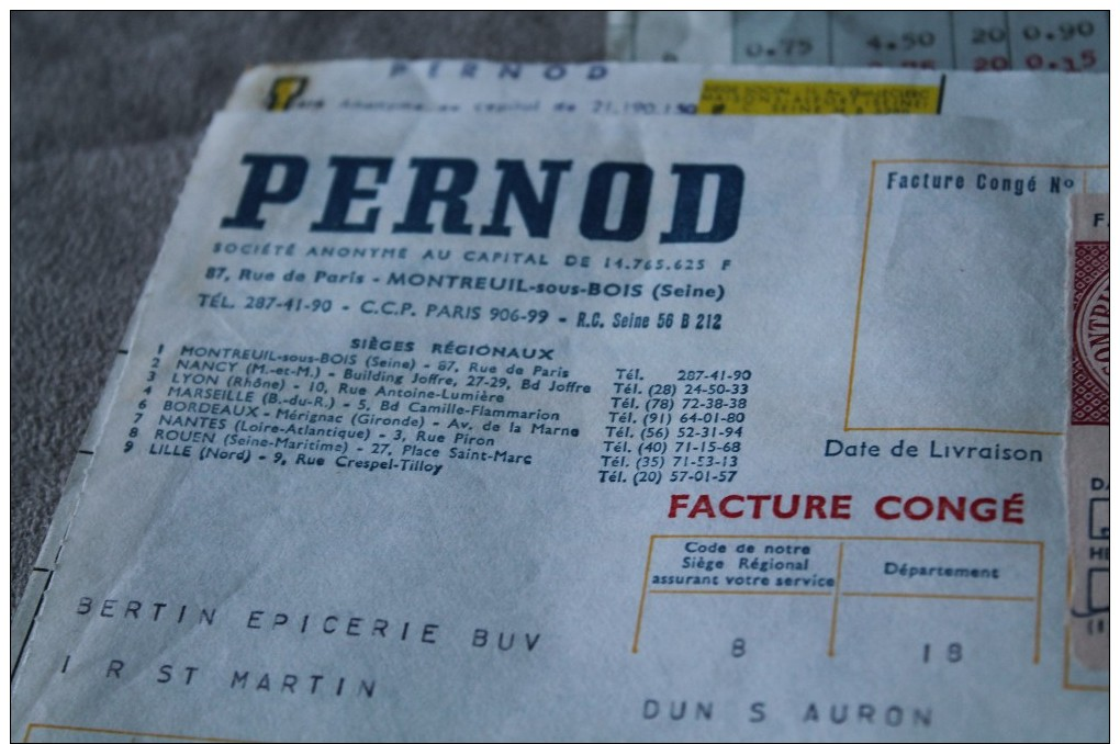 Factures D´alcool Pernod- 2 Suze- Martini Années 60 - 1950 - ...