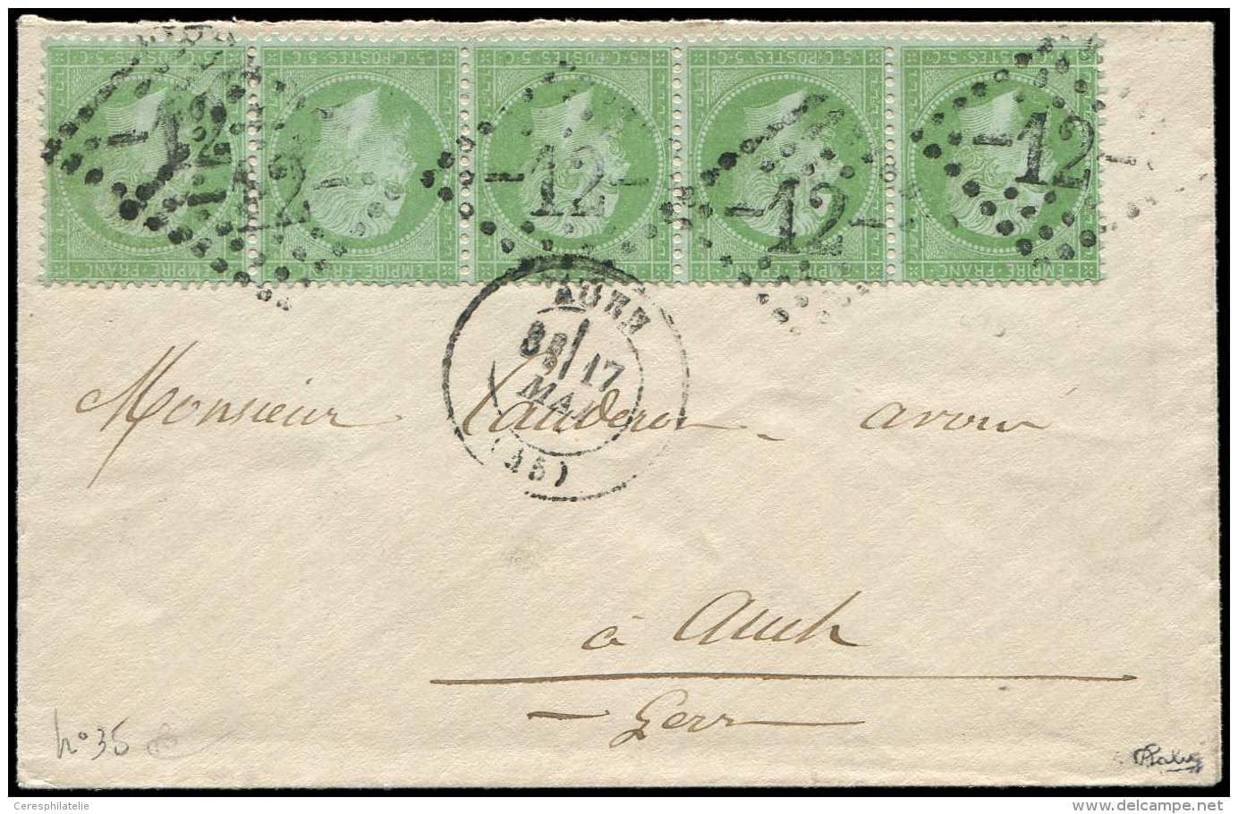 35    5c. Vert Pâle Sur Bleu, BANDE De 5 Obl. GC 12 S. Env., Càd T17 AUCH 17/5/72, TTB. C - Autres & Non Classés